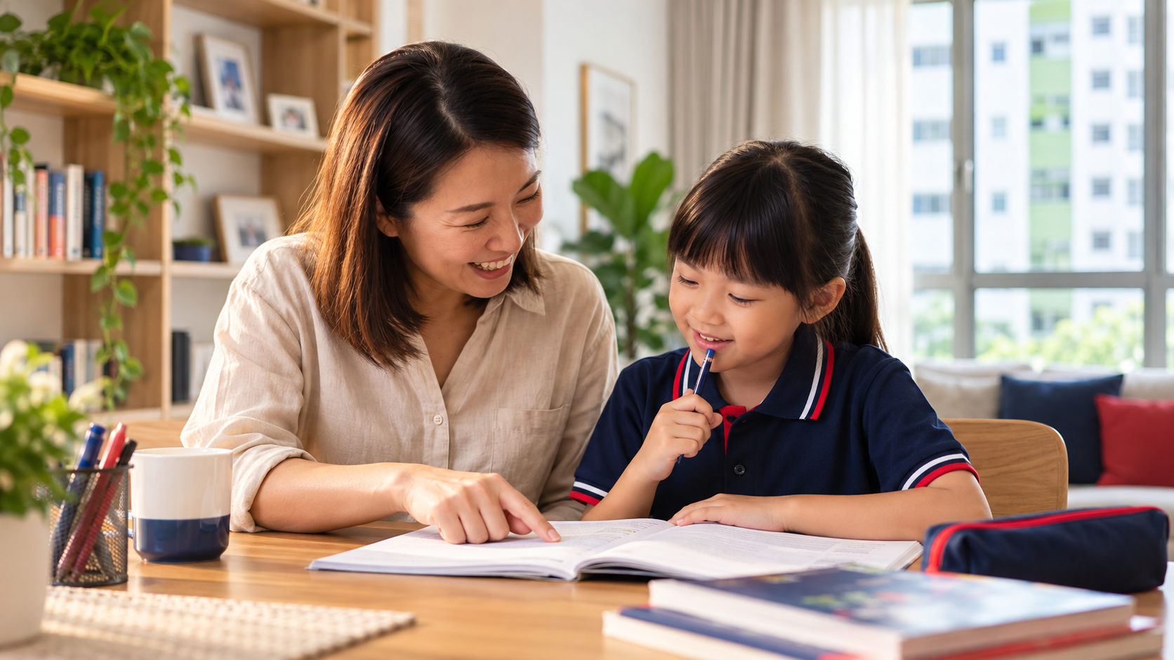 A mother and primary school child reviewing an English workbook at home