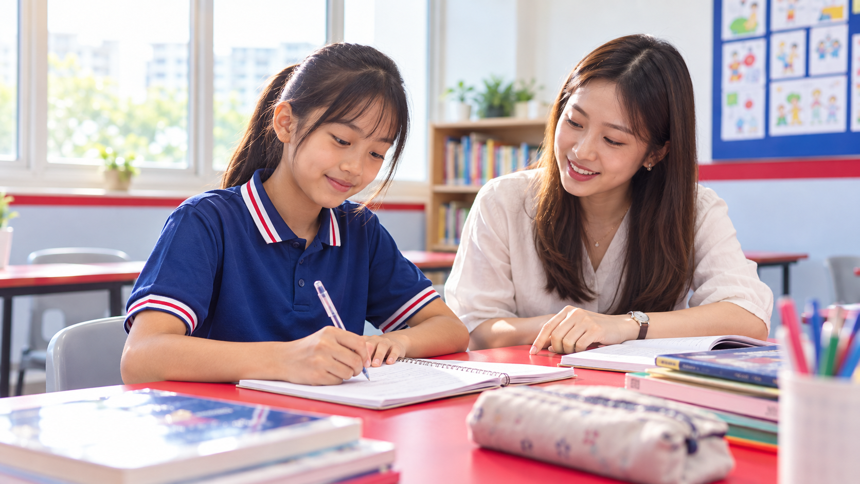 An older primary school student writing with guidance from an educator