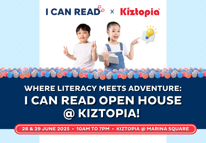 Banner promoting I Can Read Open House @ Kiztopia