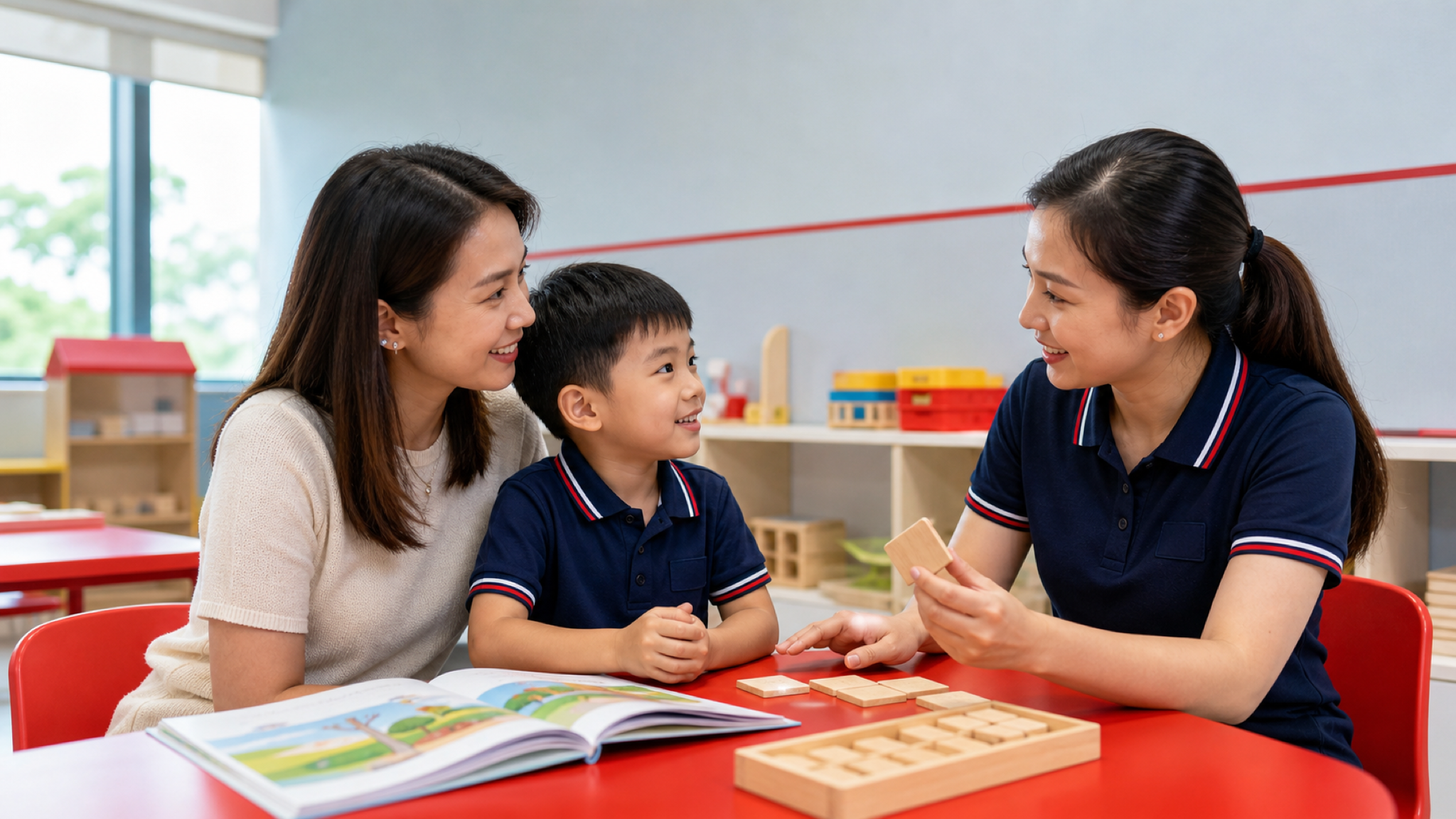 Child and parent discussing an I Can Read phonics class in Singapore