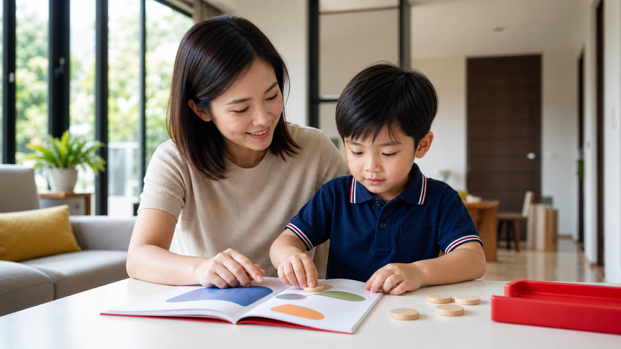 Parent helping a child practise phonics at home