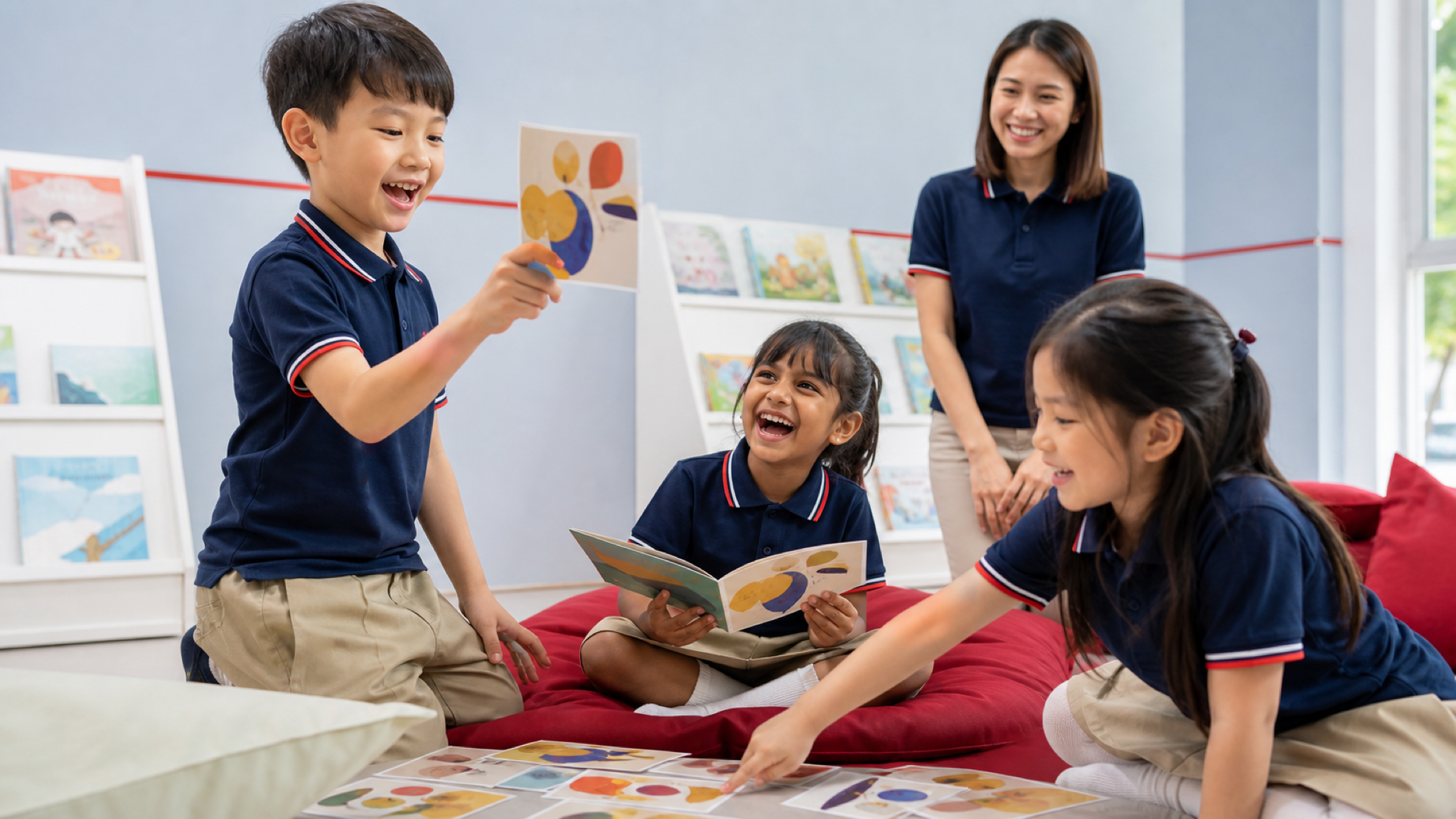 Children enjoying a phonics story-card activity with an I Can Read educator