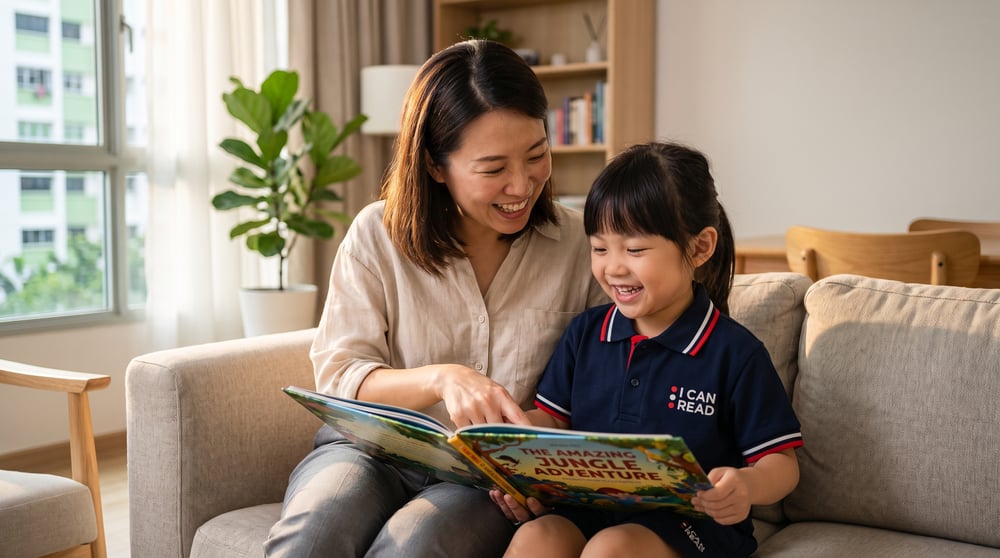 Mother and young daughter smiling as they read a picture book together on the sofa at home