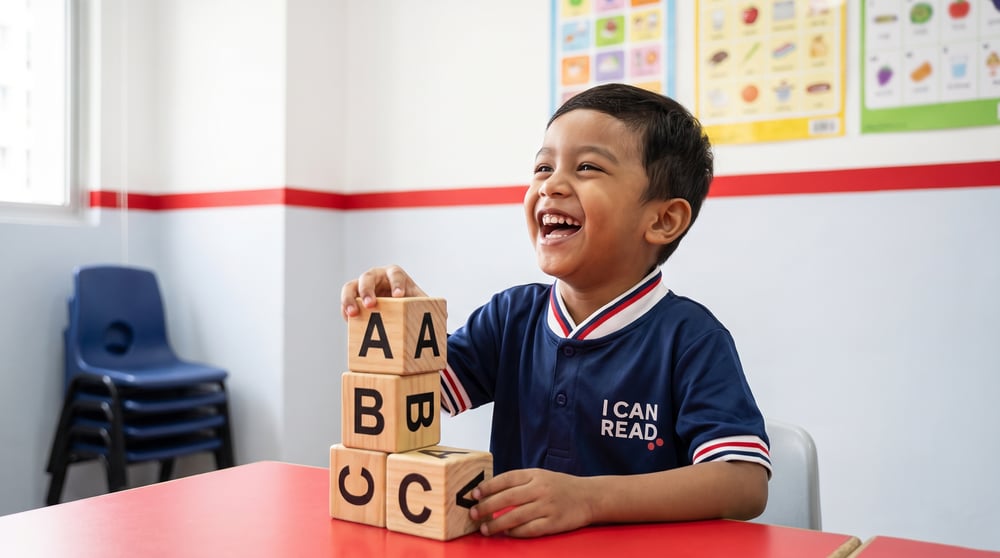 Young boy laughing while stacking alphabet letter blocks at a red classroom table
