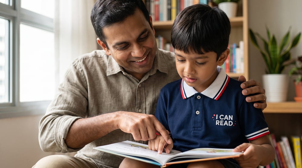 Father sitting close beside his son, gently guiding him through a storybook at home