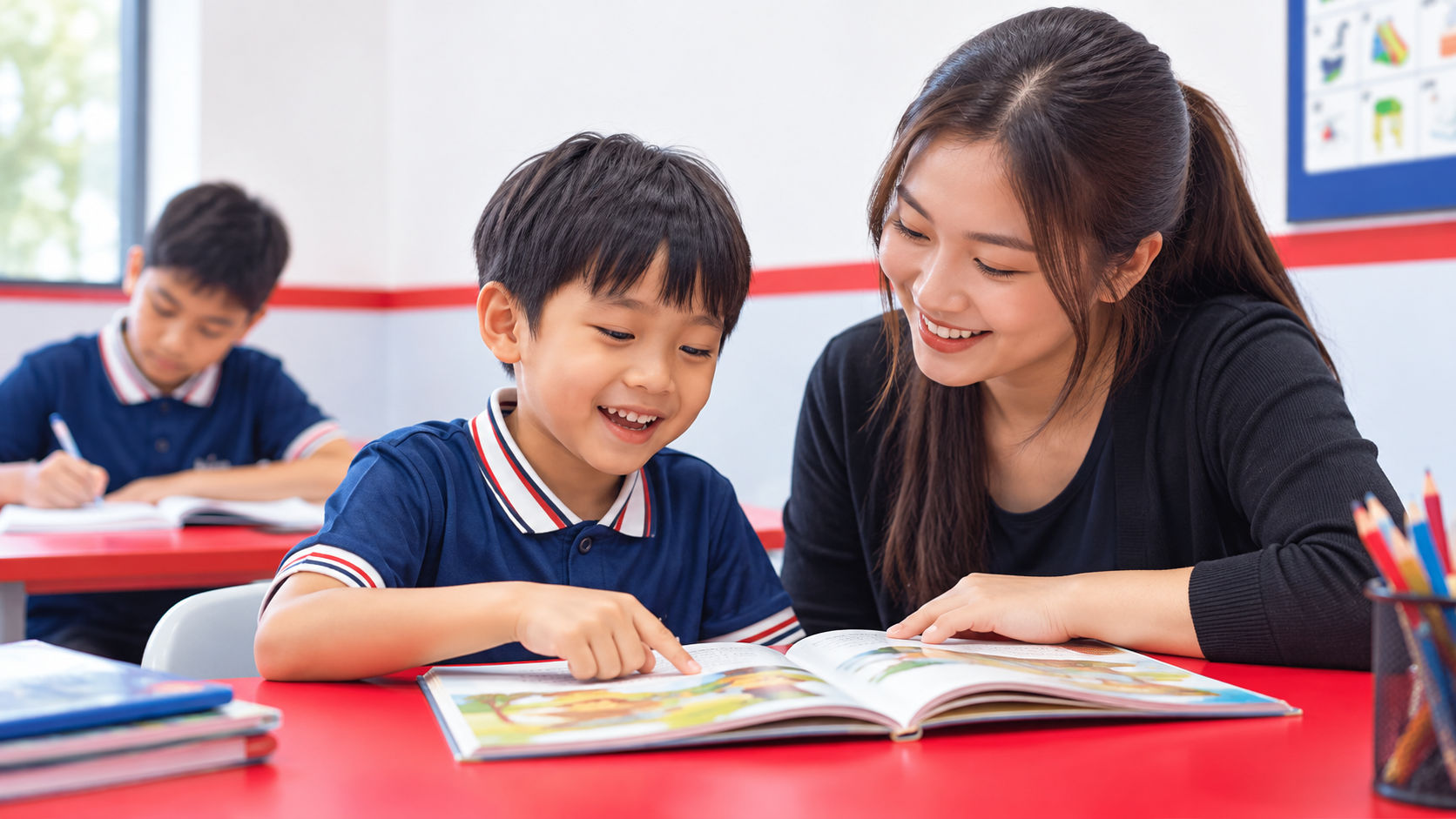 A young child reading with an educator while an older pupil writes nearby