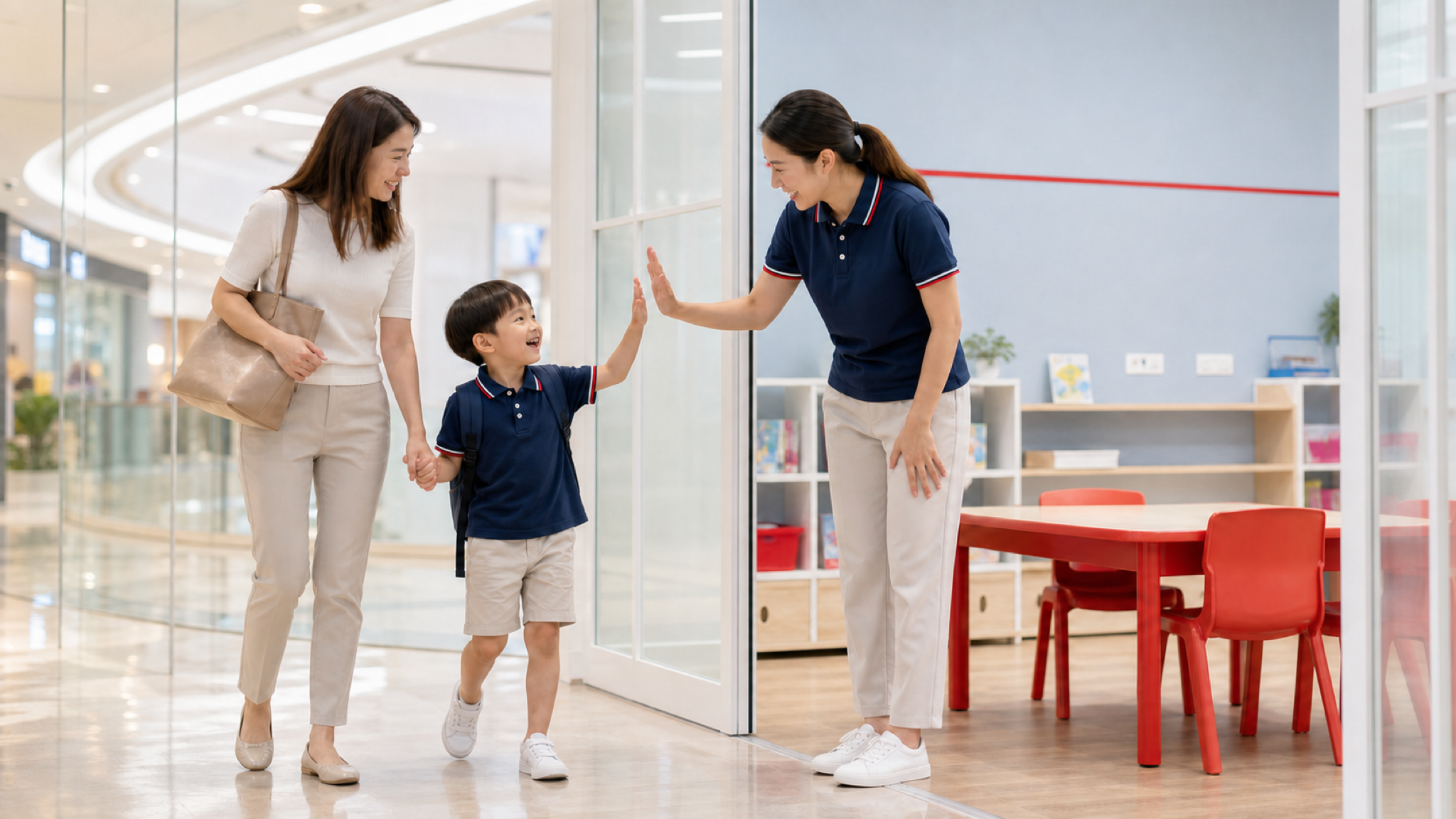 Parent and child arriving for an I Can Read reading class in Singapore