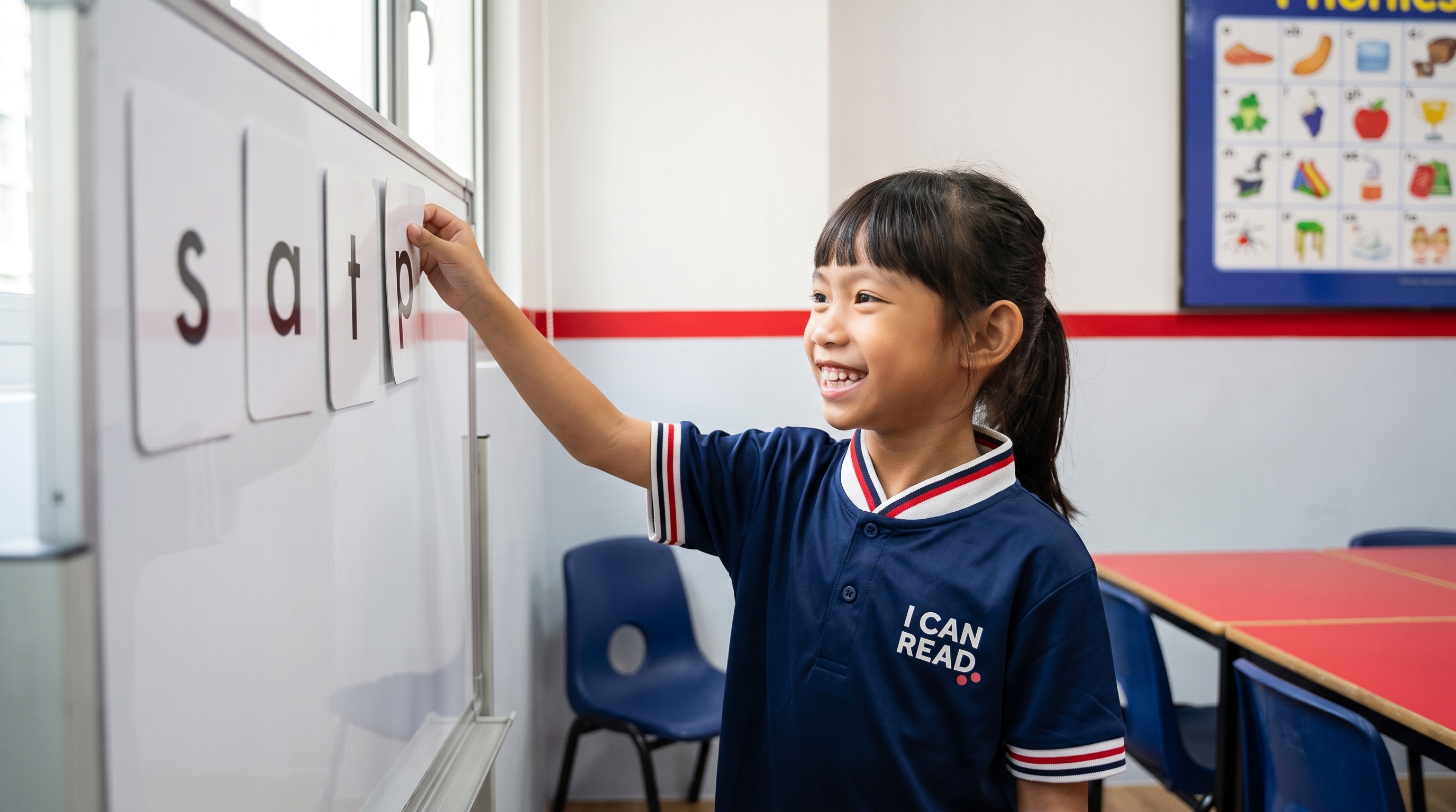 Young girl placing the letter card p beside s, a and t on a classroom whiteboard